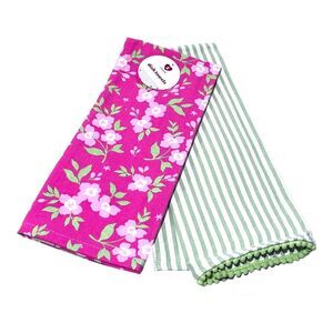 Set Of 2 All Over Print Kitchen Towels Pink Floral And Striped Green & White
